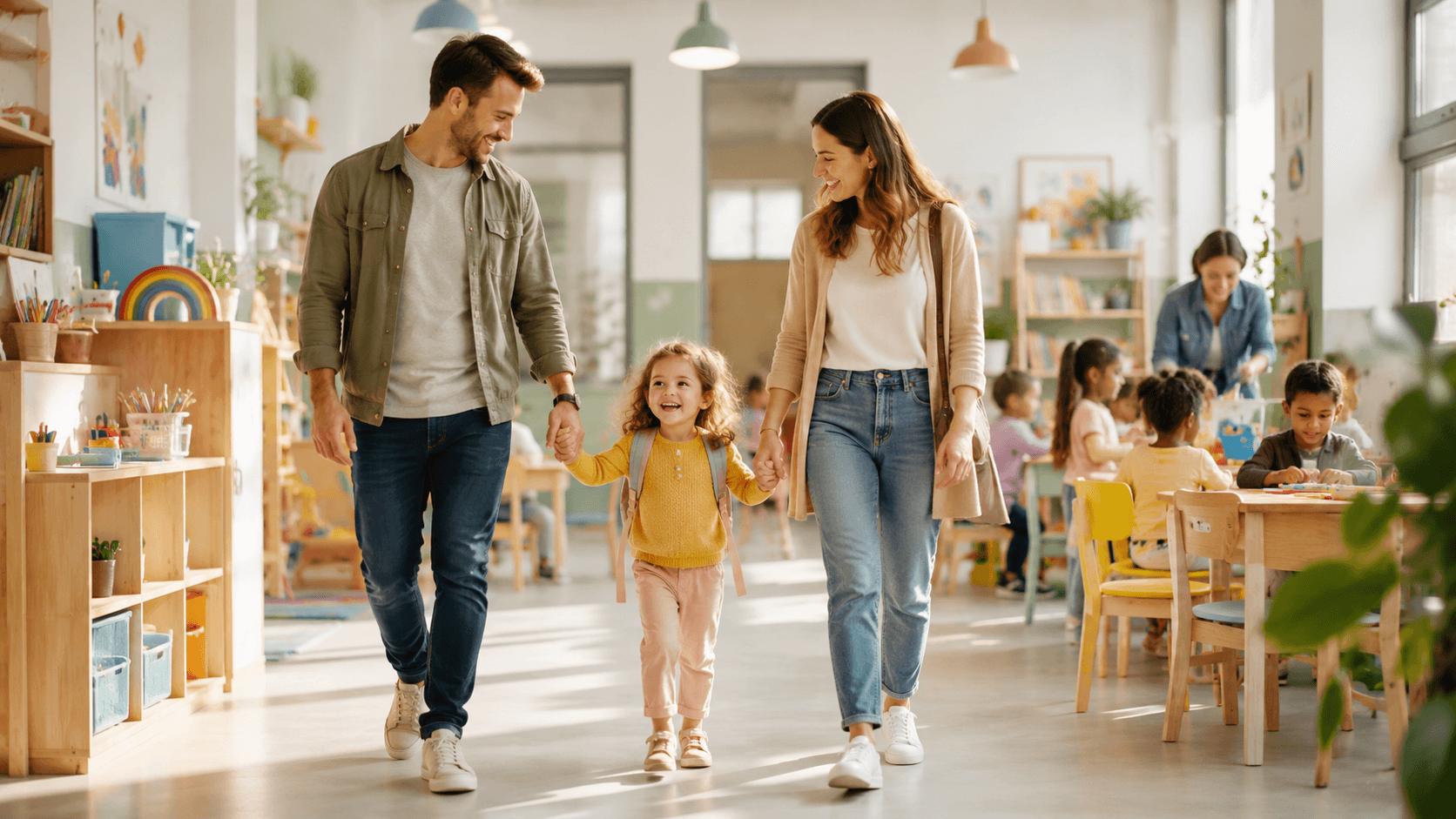 Parents walking a smiling little girl into a bright, playful preschool